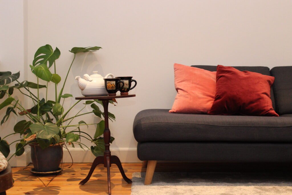 Moderne stue med sofa, puder og stuet plante